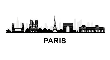 Obraz premium Paris skyline silhouette, famous landmarks, black and white illustration