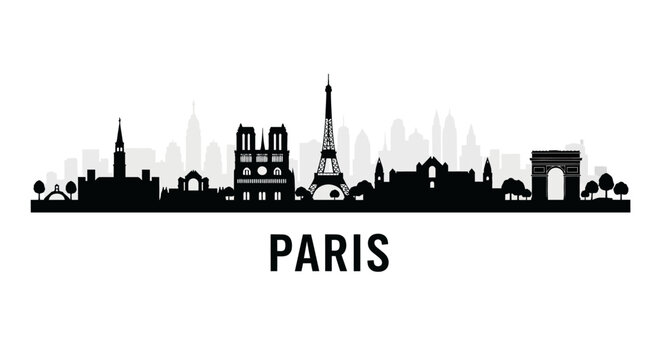 Paris skyline silhouette, famous landmarks, black and white illustration