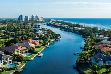 Naklejka premium Aerial View of a Serene Canal Winding Through an Exclusive Luxury Waterfront Community with a Modern City Skyline in the Distance.