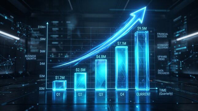 3D image Futuristic Digital Financial Growth Recovery Bar Graph with Glowing Blue Holographic Elements and Cityscape Background Highlighting Business Success.