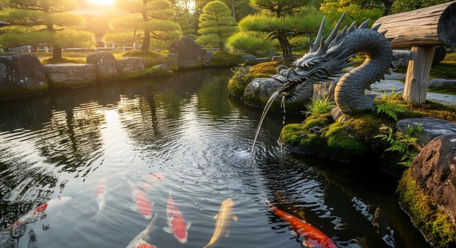 Tropical river scene with wooden dock and kayaks.