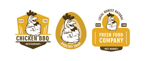 collection of artistic vector logo designs featuring chicken and rooster heads, suitable for branding barbecue restaurants.