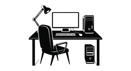 Fototapeta premium office desk with computer and chair silhouette