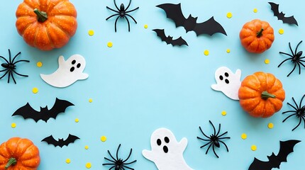 Fototapeta premium Halloween decorations pumpkins ghosts bats and spiders on blue background