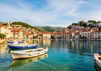 Obraz premium Sunset view of coastal village with anchored boats.