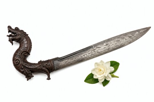 Antique Javanese kris dagger with an intricate dragon handle and a single fresh white flower on white background