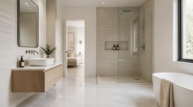 Expansive and inviting master bathroom sanctuary featuring a sleek vanity with integrated sink, a spacious walk-in shower with glass enclosure, and a freestanding soaking tub bathed in natural
