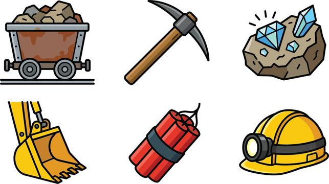 Set of cartoon mining industry elements including tools equipment and resources isolated on a white background for various design projects