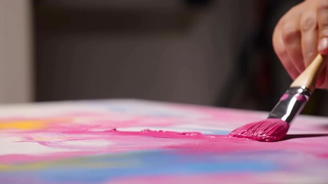 paintbrush applying acrylic paint on canvas close-up tutorial for creative and artistic painting tutorial in pink and blue tones on a clean background with copy space.