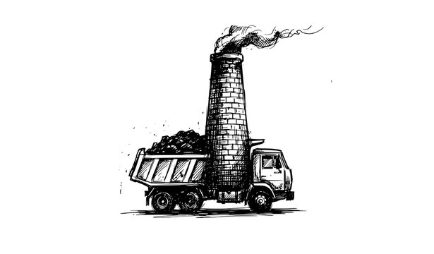 Hand drawn charcoal sketch of tipper dump truck with industrial smoking chimney