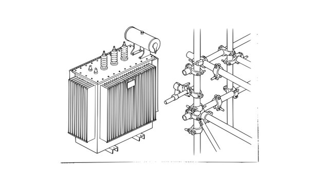 Isometric technical drawing of electrical transformer and construction scaffolding clamp joints