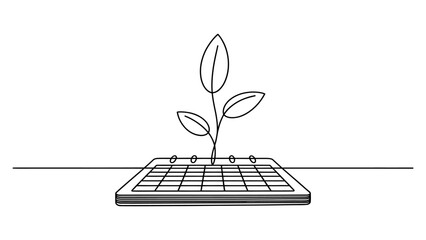 Small green plant growing from a paper calendar page in a simple line art drawing style © Joya