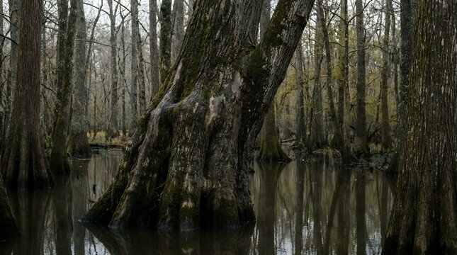 A serene and mysterious swamp landscape featuring ancient cypress trees with mossy trunks submerged in dark, reflective water under an overcast sky.