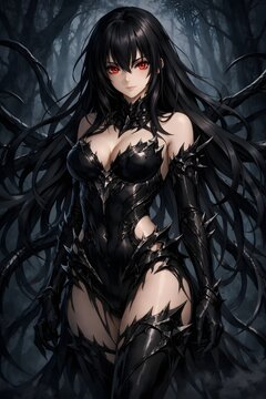 Dark fantasy female warrior portrait with black hair and red eyes