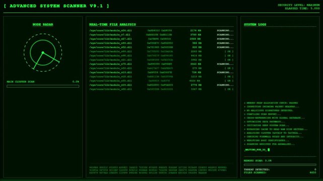 Advanced System Scanner Realtime File Analysis Node Radar Dashboard Animation Green Loop.