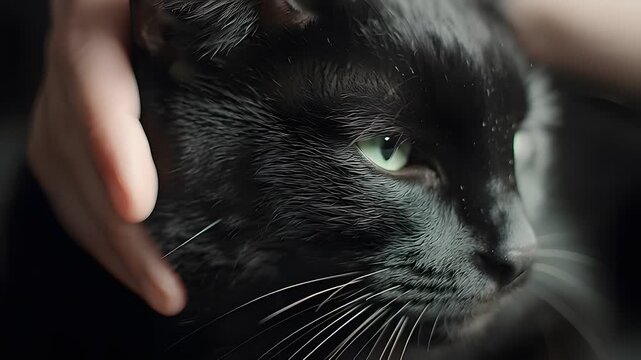 Person petting a sleek black cat with green eyes