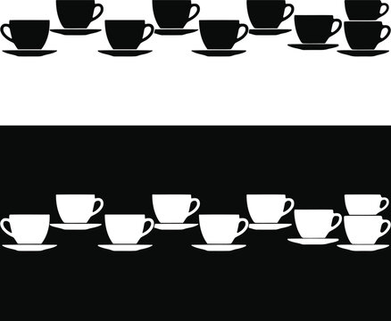 Black and white coffee cup silhouettes and black backgrounds for design elements