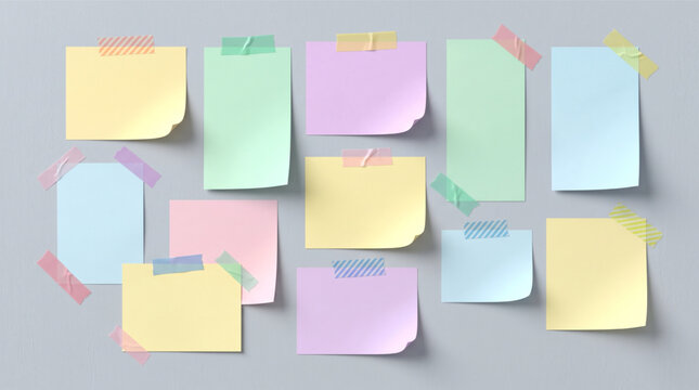 Collection of colorful blank sticky notes and paper scraps attached with various patterned washi tape to a textured grey wall, perfect for office organization, reminder mockups, and scrapbooking.