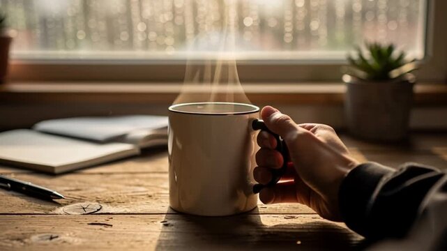 Hand picking up a steaming cup of coffee on a wooden desk