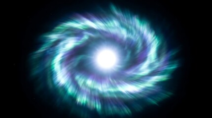 Naklejka premium Glowing celestial spiral nebula featuring vibrant teal and deep purple light swirls rotating around a brilliant white star set against a vast dark infinite space void