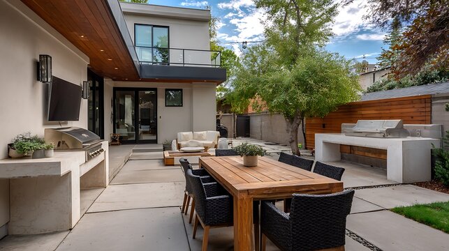 Modern Outdoor Patio with Dining Table and Built-in Grill Station.