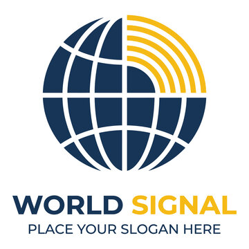 World signal logo with globe and yellow signal lines on white background icon