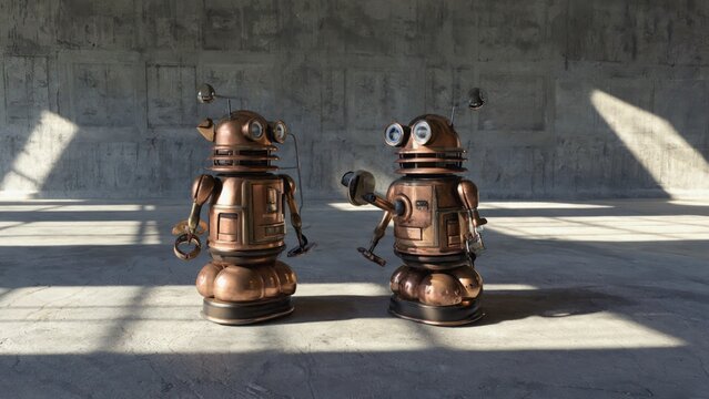 Two steampunk robots on concrete floor, sunlight, art piece, display