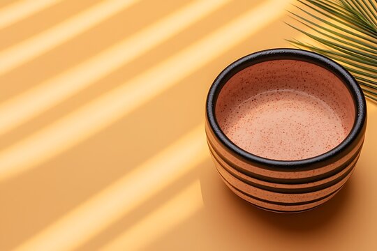 Stylish ceramic coffee mug with striped design on a warm yellow background with shadows and a leaf accent