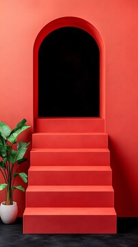 Bright Coral Staircase Leading to Arched Black Doorway with Green Plant against Coral Wall Interior Design