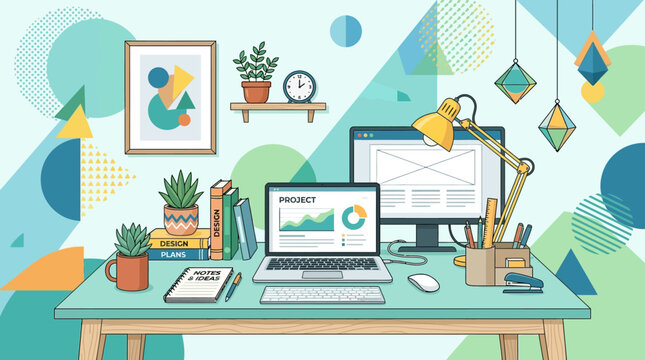 Modern work desk illustration, laptop, plant, geometric shapes, art