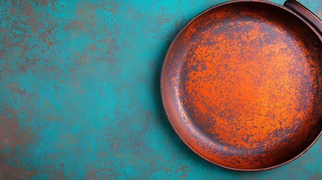 Rusted Circular Metal Plate on Patina Surface with Teal and Copper Tones for Industrial or Vintage Design