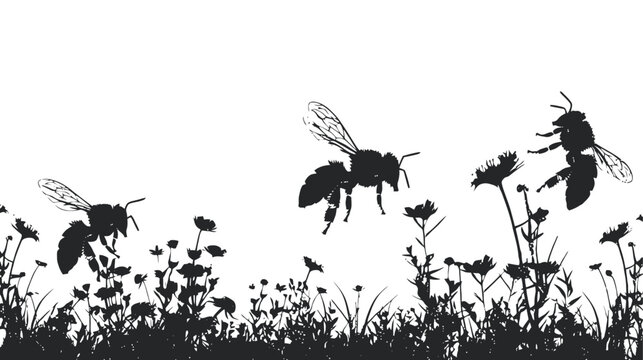 Honey bee silhouette flying over wildflower meadow, bumblebee insect garden border vector, black and white floral nature landscape illustration