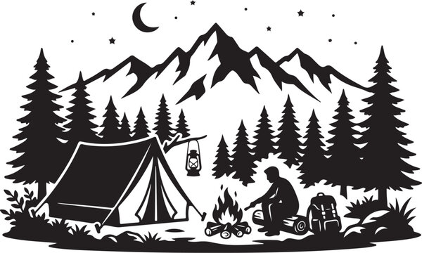 Vintage camping vector illustration, mountain landscape with tent and campfire. Outdoor adventure scene, black and white nature silhouette.