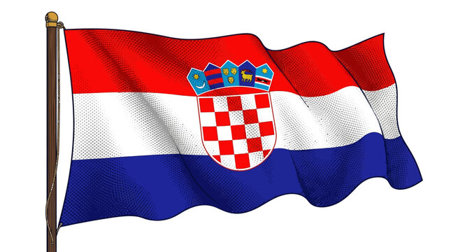 Waving national flag of croatia with coat of arms on flagpole