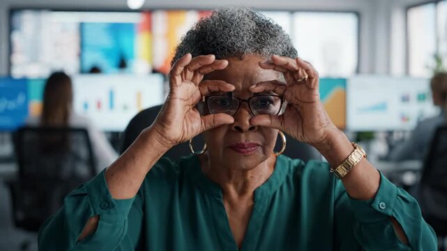 Senior woman in modern office with eyeglasses focus gesture and funny expression at computer business workplace highlighting leadership and analytics