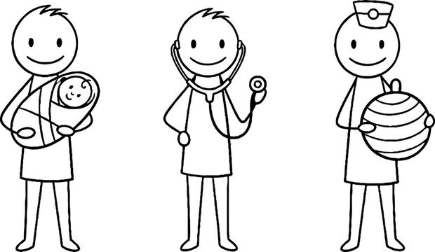 Simple line art of three different professions holding items.