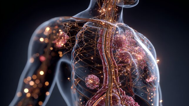 3d anatomical model of human torso with highlighted internal organ systems and microscopic bacteria, detailed medical visualization of human anatomy, digestive and respiratory health concept, scientif