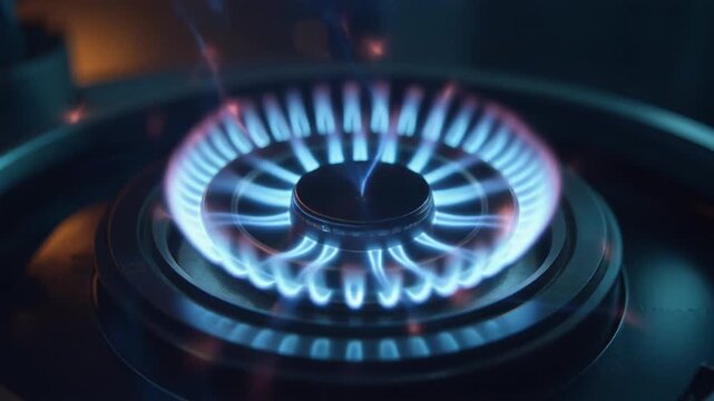 Blue gas flame on kitchen stove burner with expanding circular rings