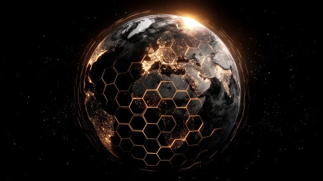 Top-down view of planet earth with glowing hexagonal network illustrating global digital connectivity, worldwide data exchange, cloud computing, artificial intelligence, internet infrastructure, satel