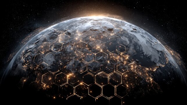 Top-down view of planet earth with glowing hexagonal network illustrating global digital connectivity, worldwide data exchange, cloud computing, artificial intelligence, internet infrastructure, satel