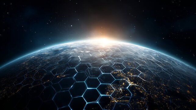 Top-down view of earth with glowing hexagonal network grid illustrating global digital connectivity, worldwide data exchange, artificial intelligence, cloud computing, communication technology, cybers