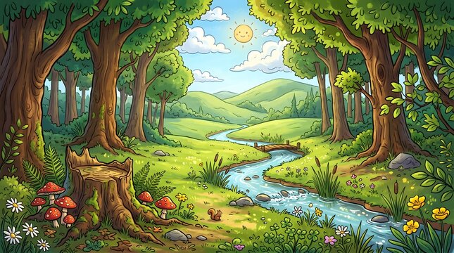 Whimsical forest scene with stream and squirrel cartoon illustration