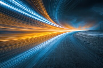 Fototapeta premium Abstract Motion Blur Streaks of Orange and Blue Light on a Dark Road at High Speed
