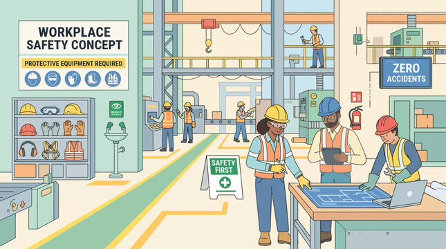 Workplace Safety Illustration: Engineering Team Reviewing Plans in Factory