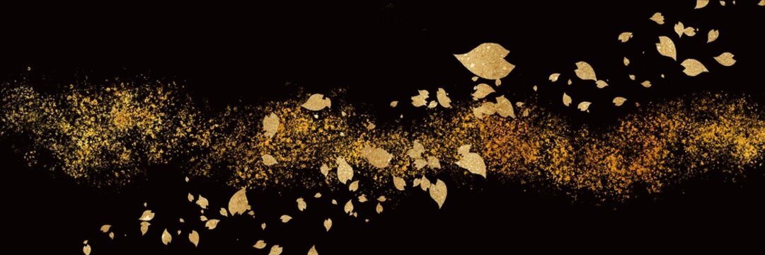 金箔桜花吹雪シルエットが輝く豪華横長黒背景