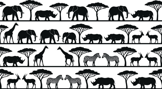 African savanna wildlife seamless border pattern with silhouettes of elephants rhinos giraffes zebras and acacia trees