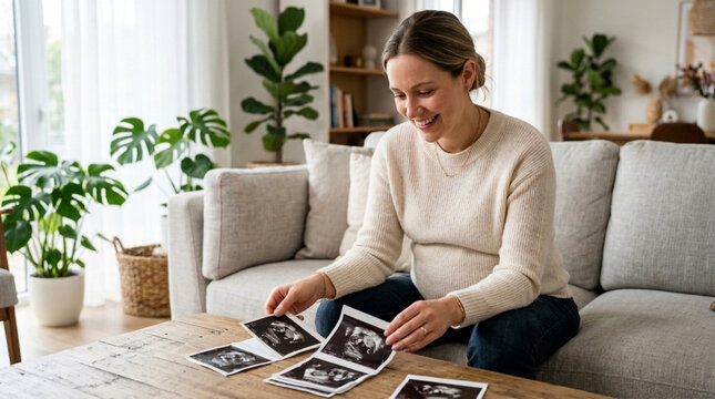 Pregnant woman holding sonogram pictures, anticipating baby in cozy home