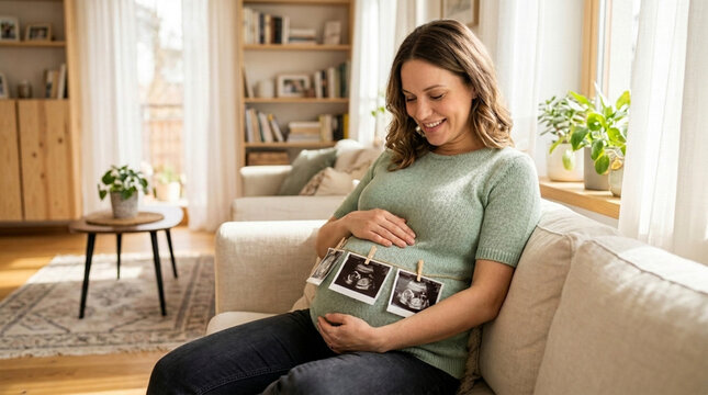 Pregnant woman holding ultrasound photos on belly in cozy living room