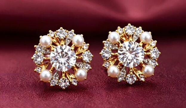 Elegant Pearl and Diamond Floral Sunflower Gold Stud Earrings on Red Velvet Background