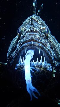 Deep sea anglerfish with bioluminescent lure, sharp teeth and dark water habitat ideal for illustrations, educational resources, and science presentations.